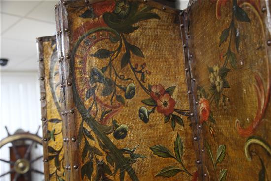 A 19th century Spanish painted leather six-fold leather screen, H. 6ft 4.5in.